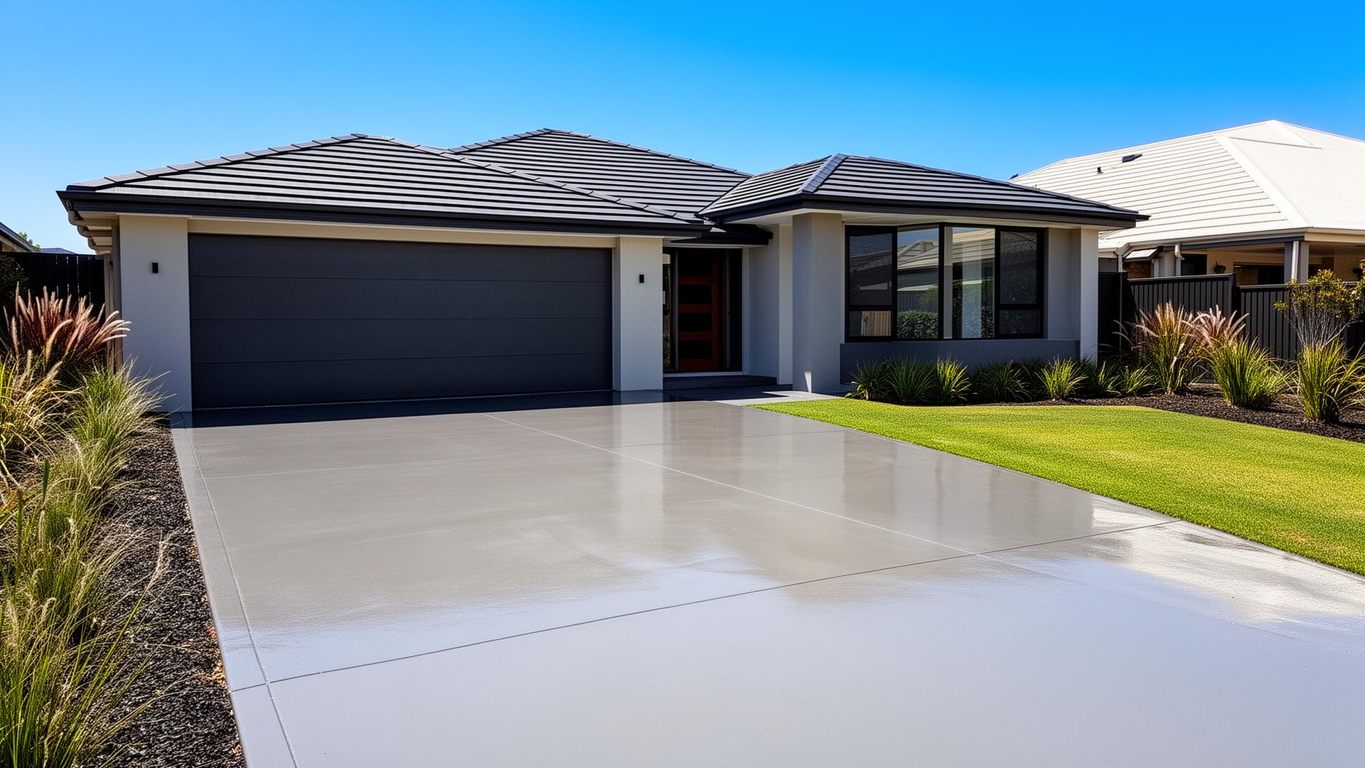 Freshly sealed driveway in front of a modern home